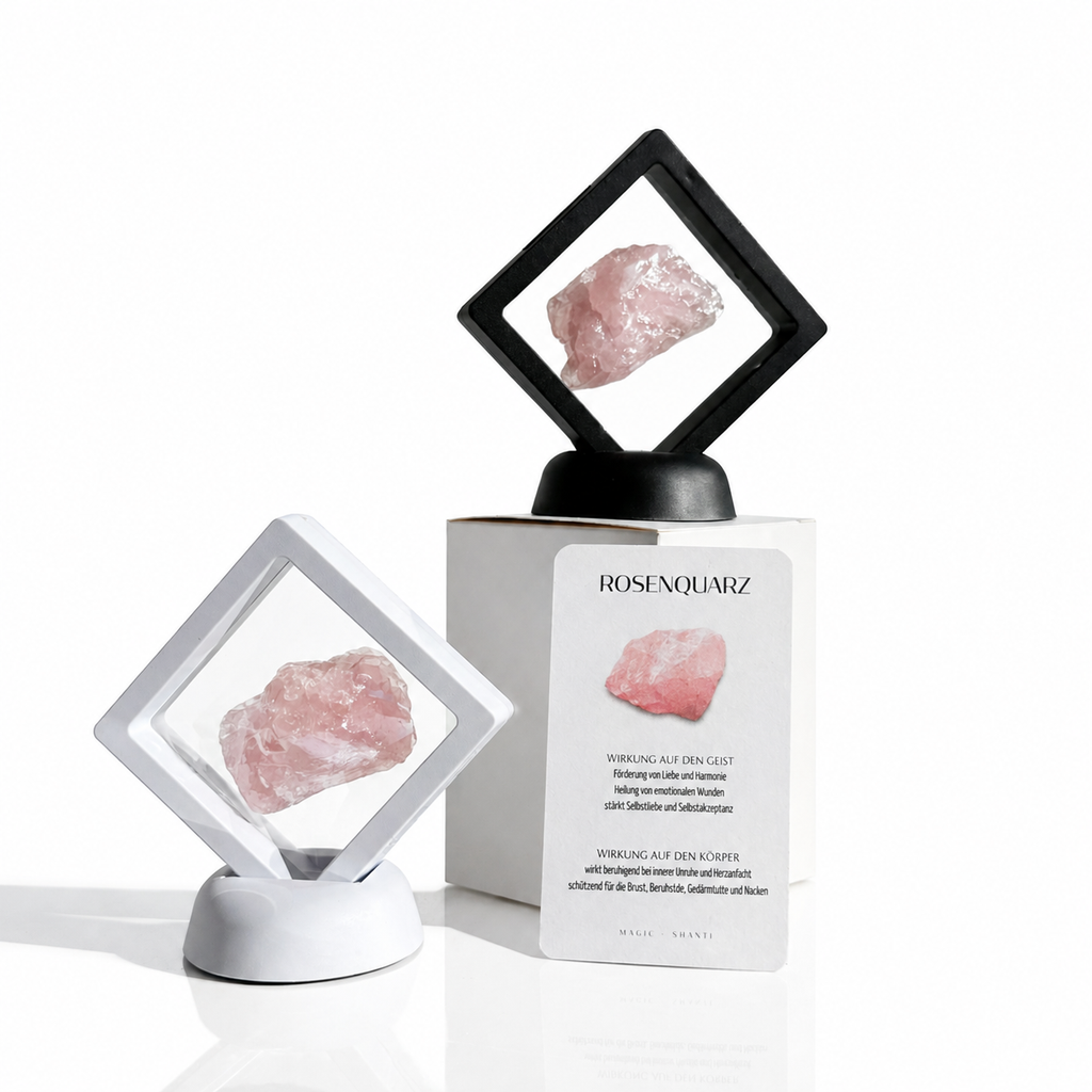 Rosenquarz - echter Kristall im Schweberahmen (inkl. Karte) schwarz oder weiß Premium Kollektion