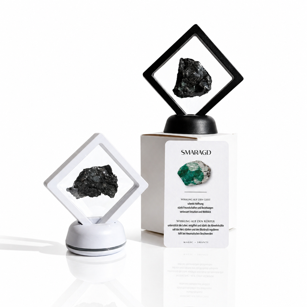Smaragd - echter Kristall im Schweberahmen (inkl. Karte) schwarz oder weiß Premium Kollektion
