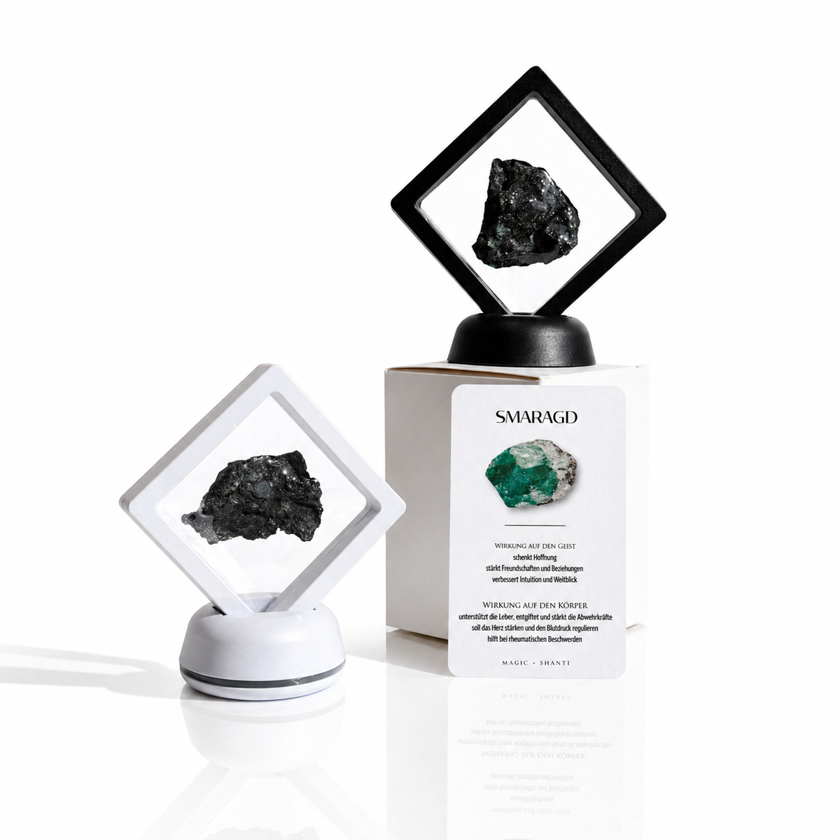 Smaragd - echter Kristall im Schweberahmen (inkl. Karte) schwarz oder weiß Premium Kollektion