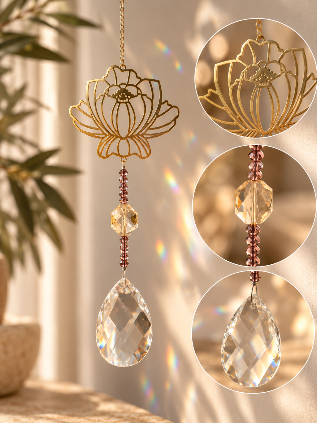 Sonnenfänger Lotusblüte - mit Kristallprisma & goldenen Details