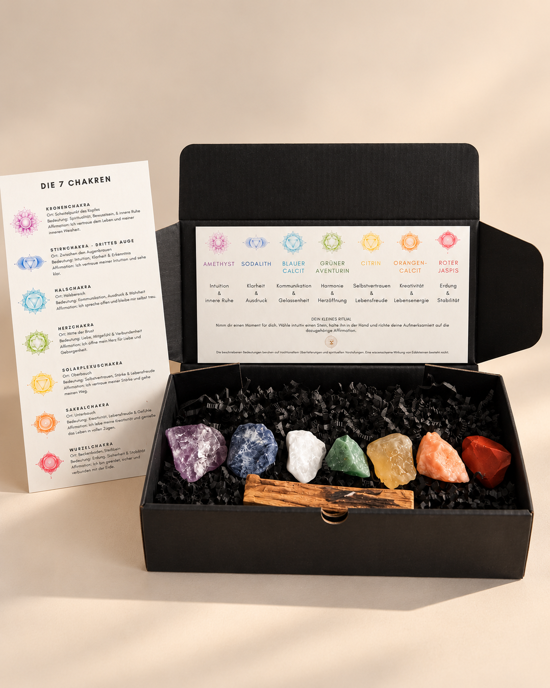 Große 7 Chakren Box – mit 7 Chakra Steinen + Palo Santo