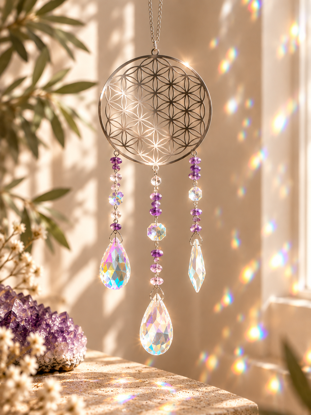 Sonnenfänger Amethyst - mit facettierten Kristallanhängern