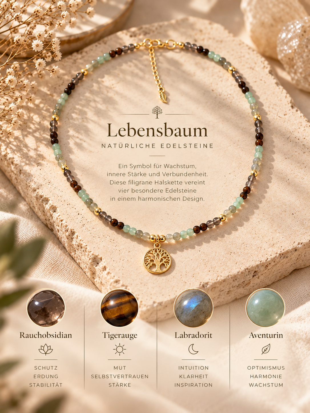 Lebensbaum Halskette - vier Edelsteine, harmonisch vereint