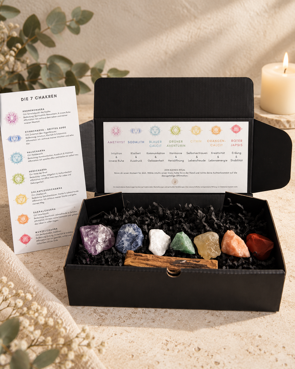 Große 7 Chakren Box – mit 7 Chakra Steinen + Palo Santo