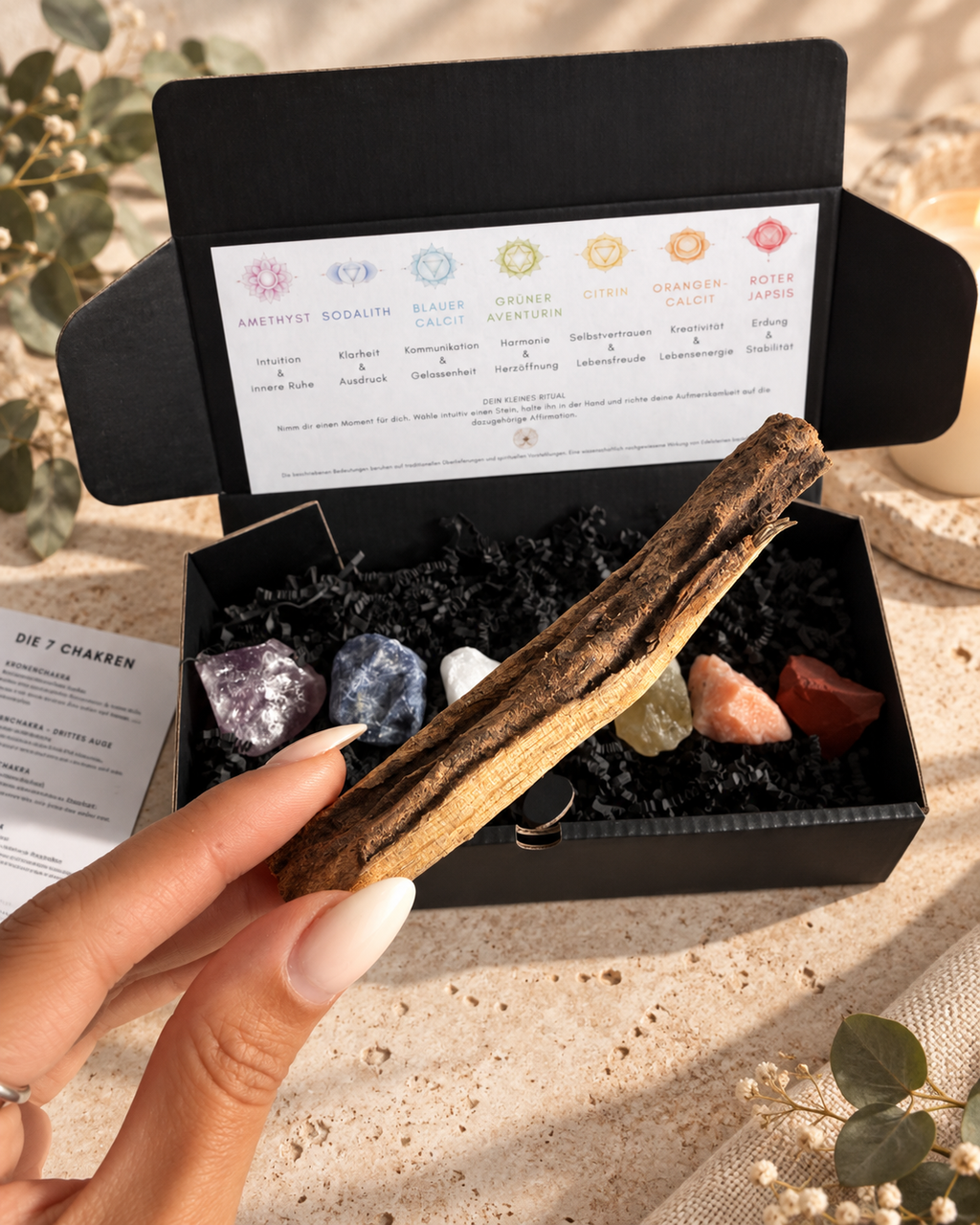 Große 7 Chakren Box – mit 7 Chakra Steinen + Palo Santo