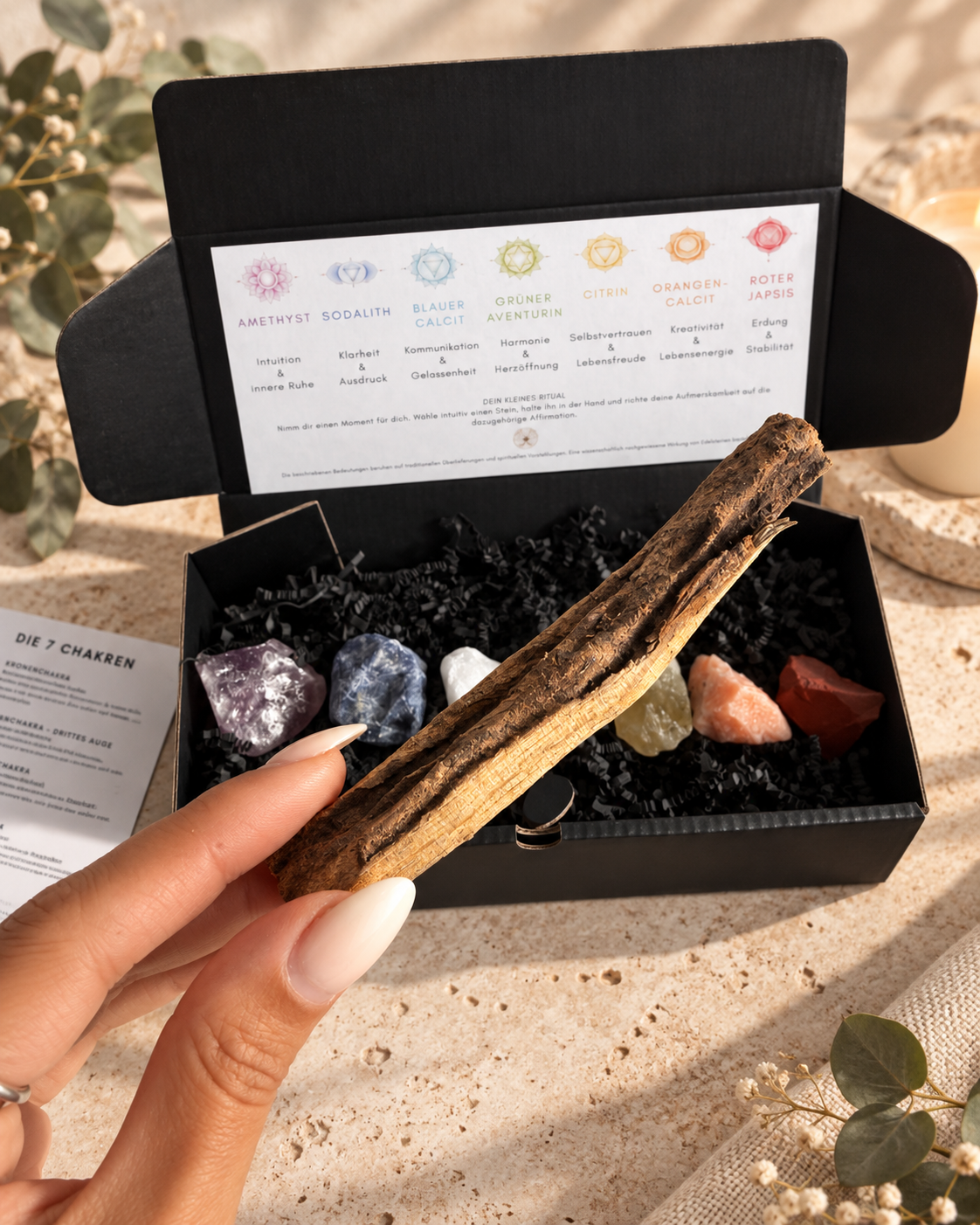 Große 7 Chakren Box – mit 7 Chakra Steinen + Palo Santo